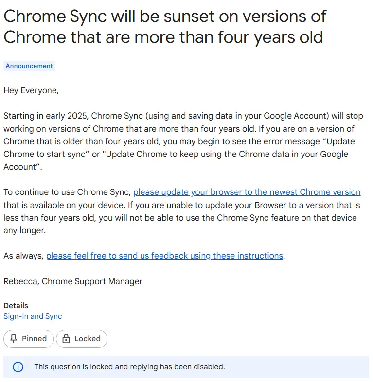 谷歌宣布:2025 年初将停止在旧版本浏览器上使用 Chrome 同步功能插图 谷歌宣布:2025 年初将停止在旧版本浏览器上使用 Chrome 同步功能插图