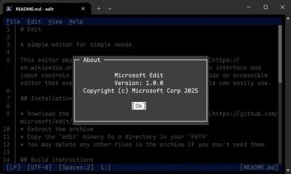 微软推出一个适用于Windows的开源命令行文本编辑器Edit