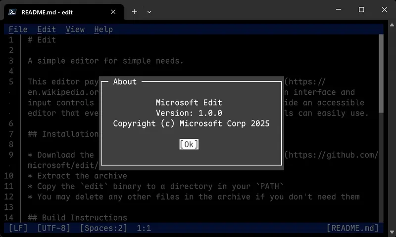 微软推出一个适用于Windows的开源命令行文本编辑器Edit插图 微软推出一个适用于Windows的开源命令行文本编辑器Edit插图