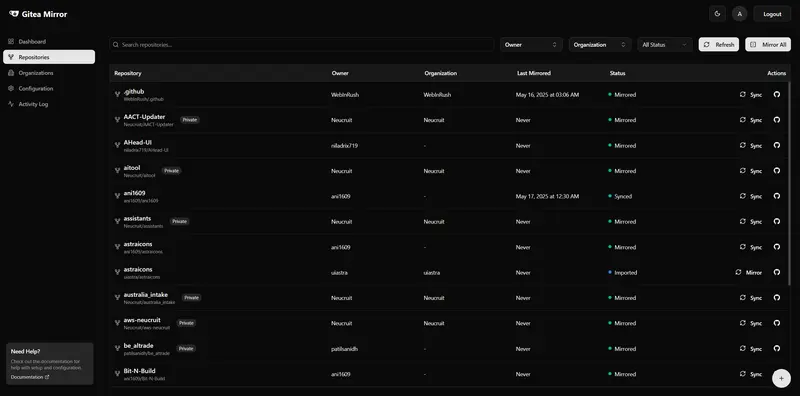 Gitea Mirror:GitHub 仓库自动镜像到自建 Gitea 的神器插图1 Gitea Mirror:GitHub 仓库自动镜像到自建 Gitea 的神器插图1