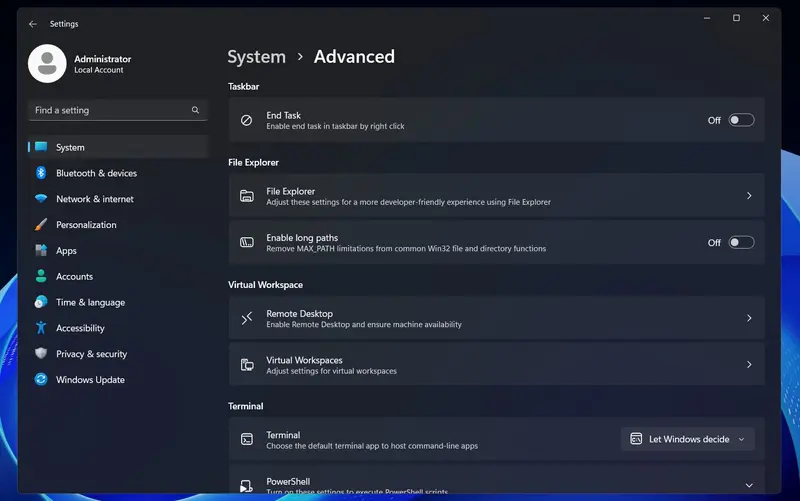 Windows 11 测试“高级设置”页面,增强文件资源管理器与虚拟化功能控制插图 Windows 11 测试“高级设置”页面,增强文件资源管理器与虚拟化功能控制插图