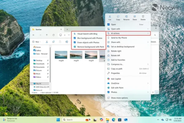 微软为 Windows 11 资源管理器加入 AI 功能，右键即可使用背景移除、对象擦除等操作