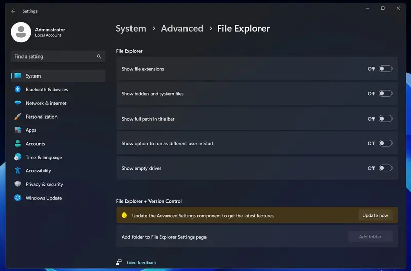 Windows 11 测试“高级设置”页面,增强文件资源管理器与虚拟化功能控制插图1 Windows 11 测试“高级设置”页面,增强文件资源管理器与虚拟化功能控制插图1