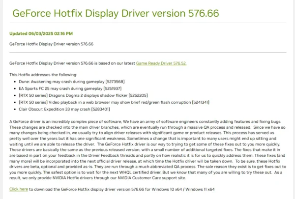英伟达发布热修复GeForce 驱动 576.66：解决 FC 25 崩溃、浏览器视频异常等问题