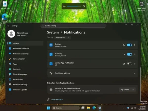 Windows 11 24H2 将支持更改音量/亮度浮窗位置