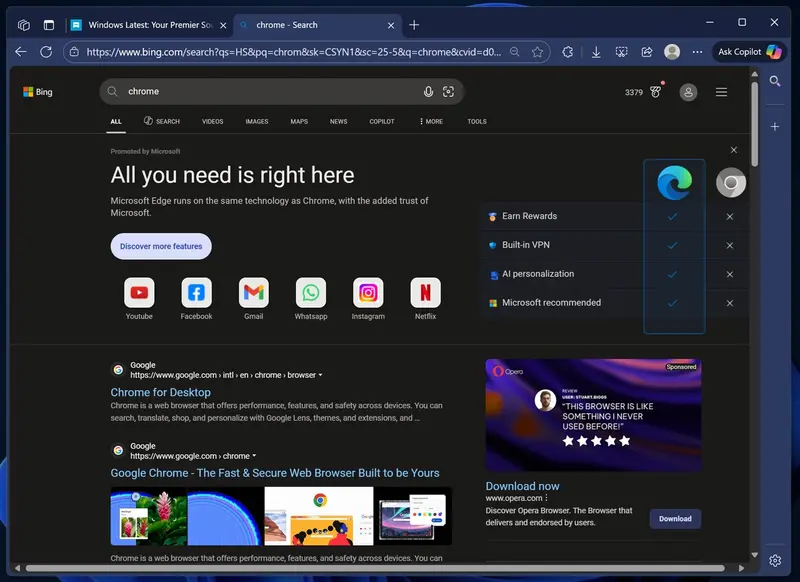 当你在 Bing 搜索“Chrome”时，微软正在用一张“记分牌”劝你别下载插图