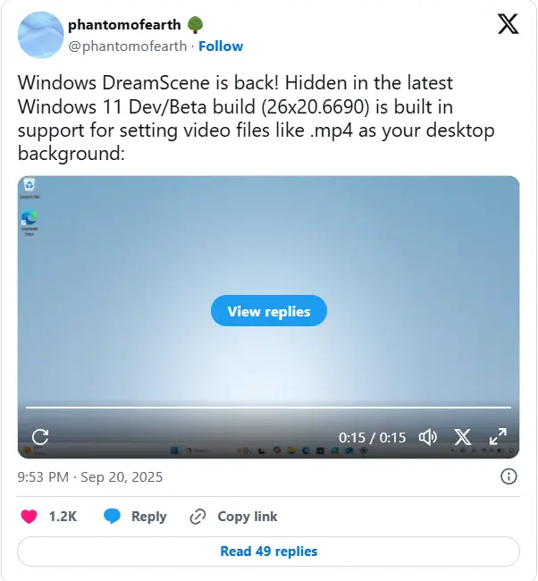 DreamScene 精神续作来了:Windows 11 正式测试视频桌面背景功能插图 DreamScene 精神续作来了:Windows 11 正式测试视频桌面背景功能插图