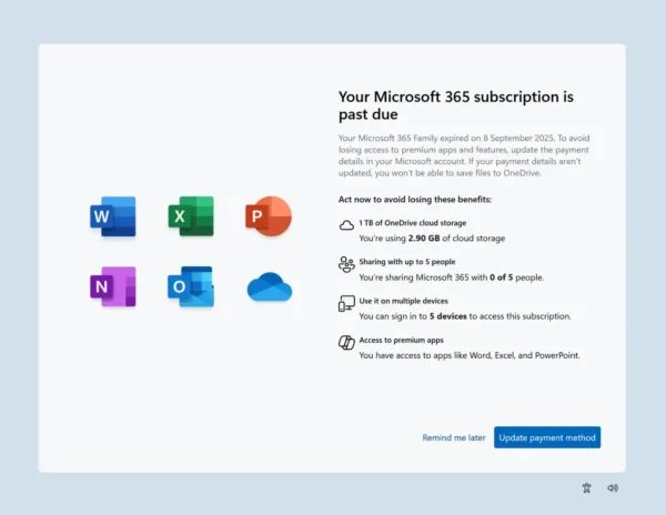 微软在 Windows 11 中测试针对过期Microsoft 365订阅的全屏续订提醒