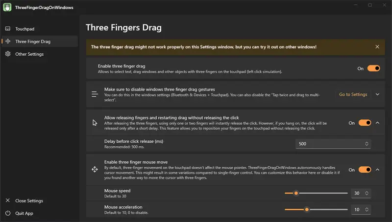 ThreeFingerDragOnWindows:在 Windows 上实现 macOS 风格的三指拖拽插图2 ThreeFingerDragOnWindows:在 Windows 上实现 macOS 风格的三指拖拽插图2
