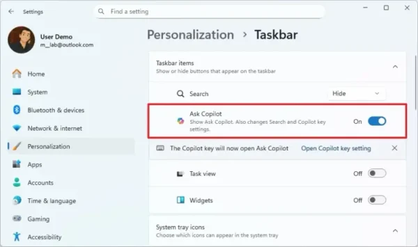 如何在 Windows 11 任务栏启用“Ask Copilot”搜索框？