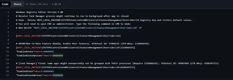 Windows 11 24H2/25H2任务管理器进程重复修复:2 种方法(ViVeTool + 注册表)+ 撤销步骤插图 Windows 11 24H2/25H2任务管理器进程重复修复:2 种方法(ViVeTool + 注册表)+ 撤销步骤插图