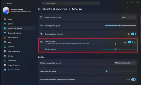 Windows 11 25H2 预览版出现“Haptic Signals”触觉反馈设置