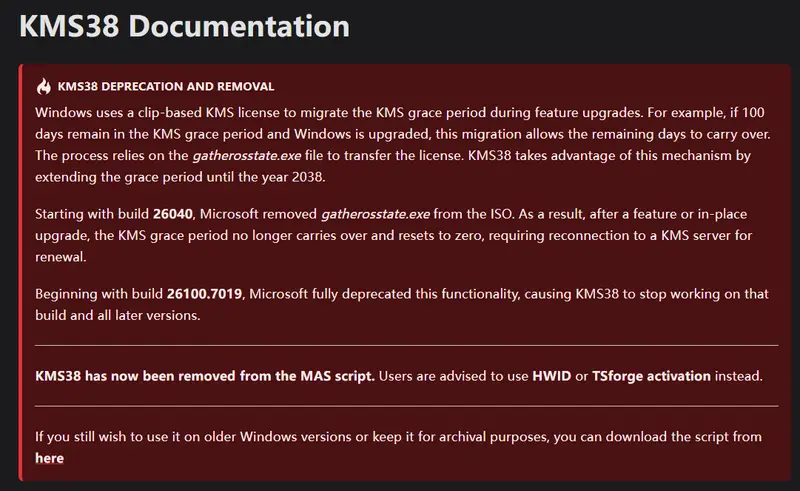 KMS38 激活方式被微软彻底封杀,MAS 更新脚本推荐 HWID 与 TSforge 替代方案插图 KMS38 激活方式被微软彻底封杀,MAS 更新脚本推荐 HWID 与 TSforge 替代方案插图