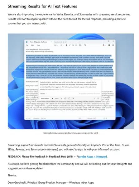 Windows 11记事本新增 AI 流式功能：逐字生成像 ChatGPT，默认开启可手动关闭