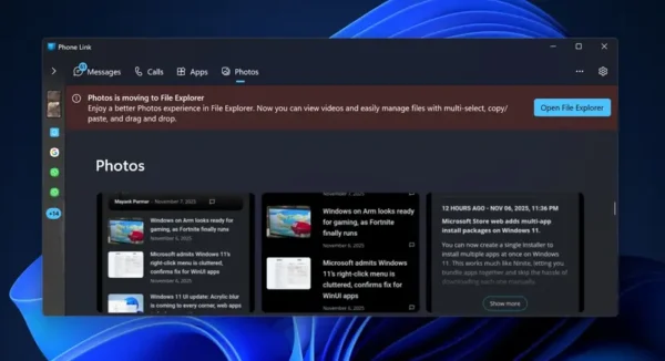 Windows 11 手机连接（Phone Link） 的“照片”功能即将下线，图库访问全面迁移至 File Explorer