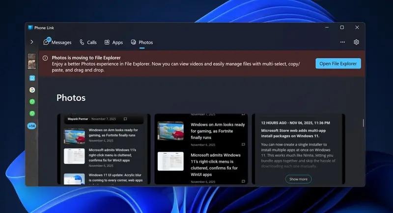 Windows 11 手机连接(Phone Link) 的“照片”功能即将下线,图库访问全面迁移至 File Explorer插图 Windows 11 手机连接(Phone Link) 的“照片”功能即将下线,图库访问全面迁移至 File Explorer插图