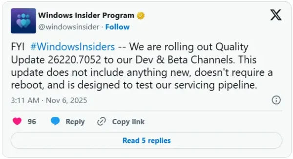 微软发布无需重启的 Windows 11 预览版：一次“无声”的管道测试