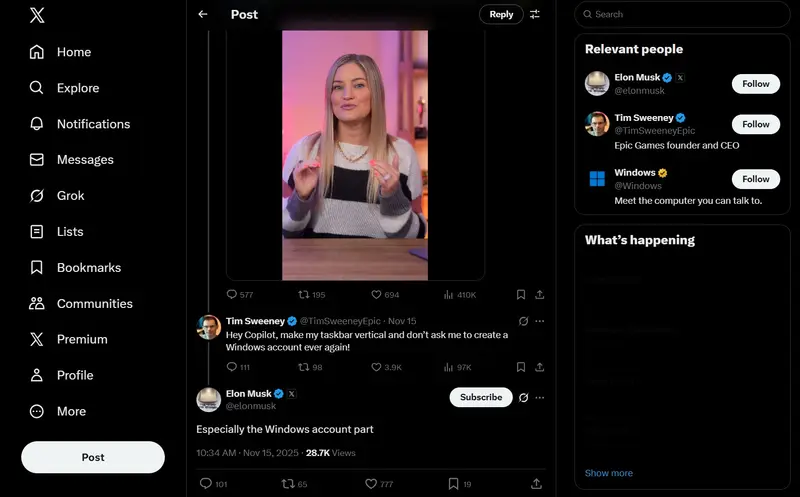Epic CEO 联合马斯克炮轰 Windows 11:恢复垂直任务栏+移除强制MSA,反对Copilot硬推插图1 Epic CEO 联合马斯克炮轰 Windows 11:恢复垂直任务栏+移除强制MSA,反对Copilot硬推插图1