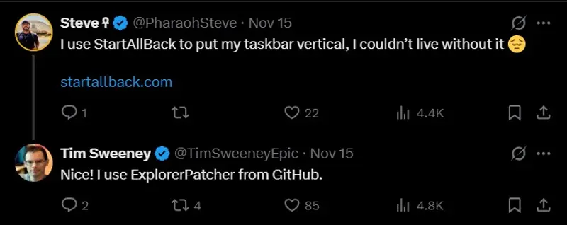 Epic CEO 联合马斯克炮轰 Windows 11:恢复垂直任务栏+移除强制MSA,反对Copilot硬推插图2 Epic CEO 联合马斯克炮轰 Windows 11:恢复垂直任务栏+移除强制MSA,反对Copilot硬推插图2