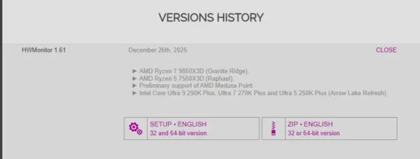 HWMonitor 发布最新更新，支持 Zen 6 Medusa Point、Ryzen 9850X3D 及 Arrow Lake Refresh