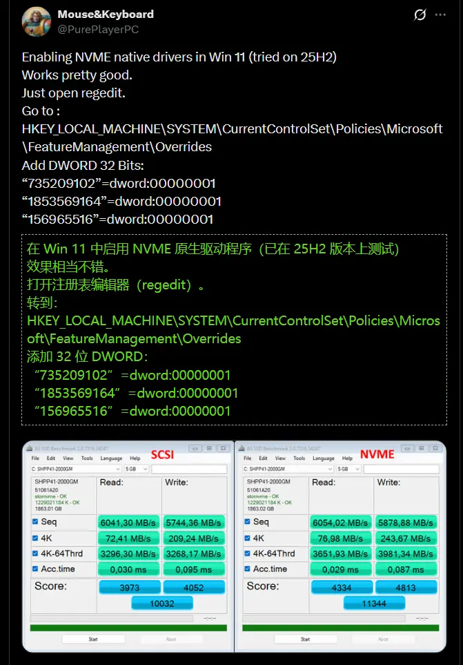 Windows 11注册表秘技，NVMe性能暴涨80%？实测真相+避坑指南来了插图