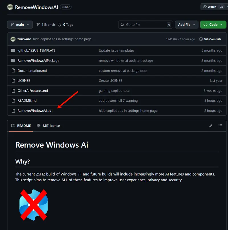 Windows 11 彻底移除所有 AI 功能教程:借助 Remove Windows AI 脚本一键禁用 Copilot/Recall 等组件插图 Windows 11 彻底移除所有 AI 功能教程:借助 Remove Windows AI 脚本一键禁用 Copilot/Recall 等组件插图