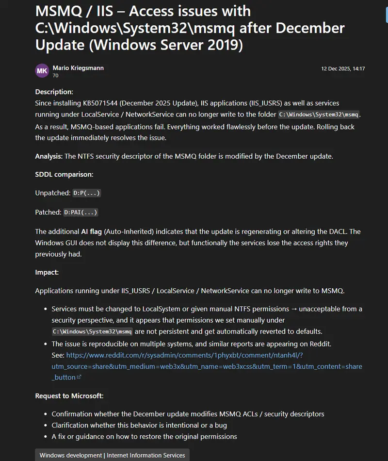 微软确认:Windows 10/Server 12月更新致MSMQ失效,两种修复方式实测有效插图1 微软确认:Windows 10/Server 12月更新致MSMQ失效,两种修复方式实测有效插图1