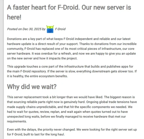 F-Droid 宣布延迟已久的服务器硬件升级，带来更快的构建速度