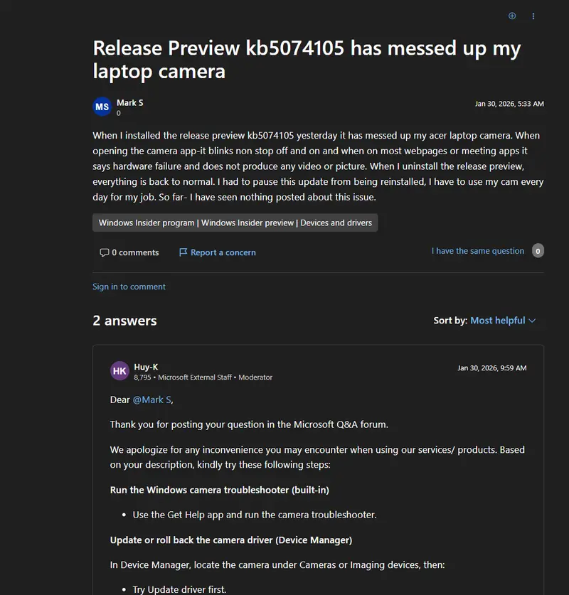 Windows 11 KB5074105 可选更新曝漏洞：摄像头失效、锁屏崩溃，非强制更新可卸载插图