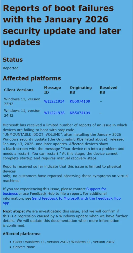 微软确认：部分 Windows 11 设备在安装 2026 年 1 月更新（KB5074109）后可能出现无法启动问题插图1