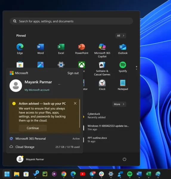 Windows 11 开始菜单强推 OneDrive 备份，且无法彻底关闭