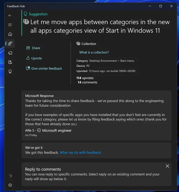 Win11 开始菜单遭集体吐槽:尺寸巨大无法拖拽,分类死板难自定义,微软仅回应 “关注反馈”插图2 Win11 开始菜单遭集体吐槽:尺寸巨大无法拖拽,分类死板难自定义,微软仅回应 “关注反馈”插图2