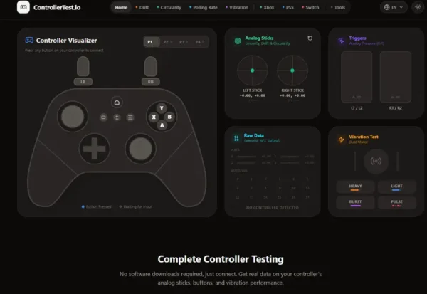 ControllerTest.io：免安装的专业级手柄检测神器，一键诊断摇杆漂移与回报率