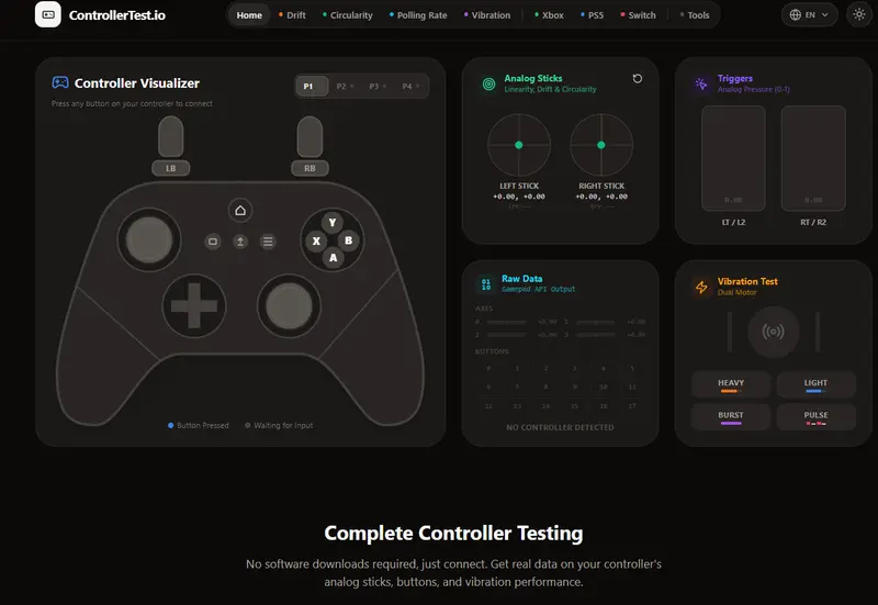ControllerTest.io:免安装的专业级手柄检测神器,一键诊断摇杆漂移与回报率插图 ControllerTest.io:免安装的专业级手柄检测神器,一键诊断摇杆漂移与回报率插图