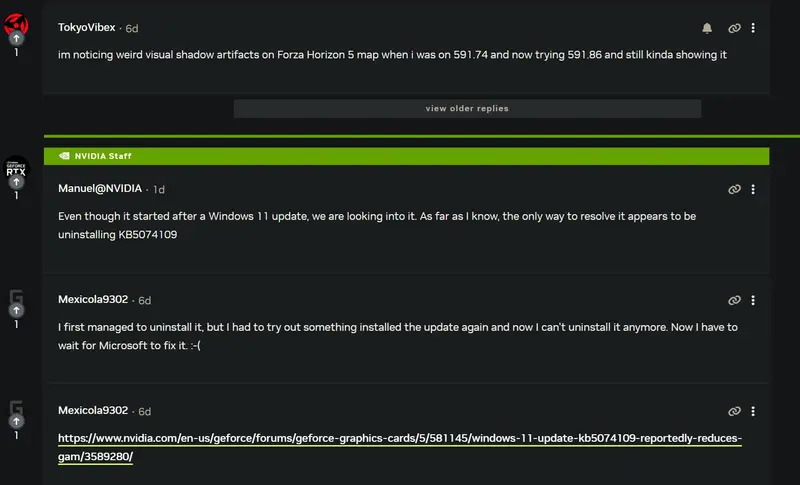英伟达调查Windows 11 KB5074109更新:游戏画面异常、黑屏等问题及应对指南插图3 英伟达调查Windows 11 KB5074109更新:游戏画面异常、黑屏等问题及应对指南插图3