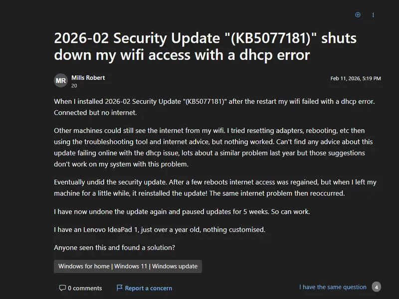Windows 11 更新 KB5077181 致多设备启动循环,SENS 服务崩溃插图2 Windows 11 更新 KB5077181 致多设备启动循环,SENS 服务崩溃插图2