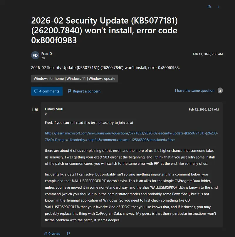 Windows 11 更新 KB5077181 致多设备启动循环,SENS 服务崩溃插图3 Windows 11 更新 KB5077181 致多设备启动循环,SENS 服务崩溃插图3