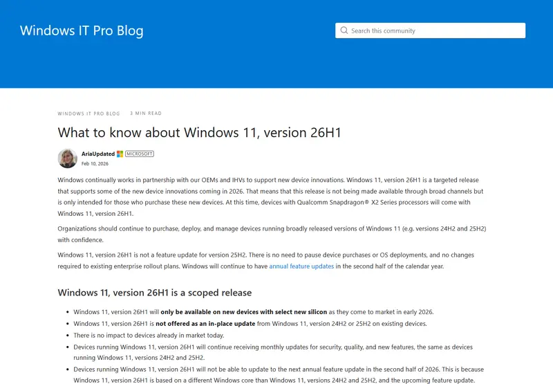 微软Windows 11 26H1/26H2发布详情：26H1仅适配新芯片，26H2面向所有PC插图1