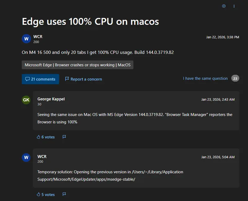 微软 Edge 稳定版现 macOS 高 CPU 漏洞：测试阶段已发现，仍正式推送致 Mac 发热、耗电飙升插图1