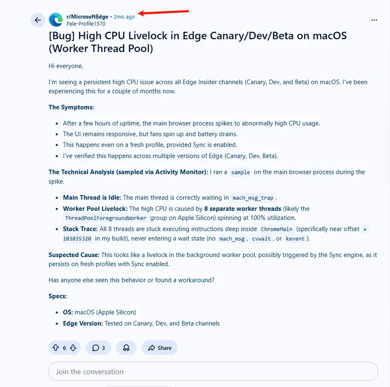 微软 Edge 稳定版现 macOS 高 CPU 漏洞：测试阶段已发现，仍正式推送致 Mac 发热、耗电飙升插图3