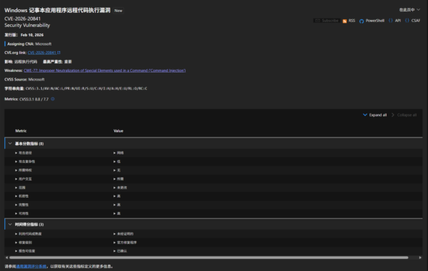 CVE-2026-20841 补丁发布：Windows 记事本存在远程代码执行风险