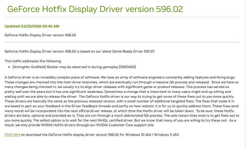英伟达发布本月第二个热修复驱动 596.02：专为《明日方舟：终末地》解决卡顿插图1
