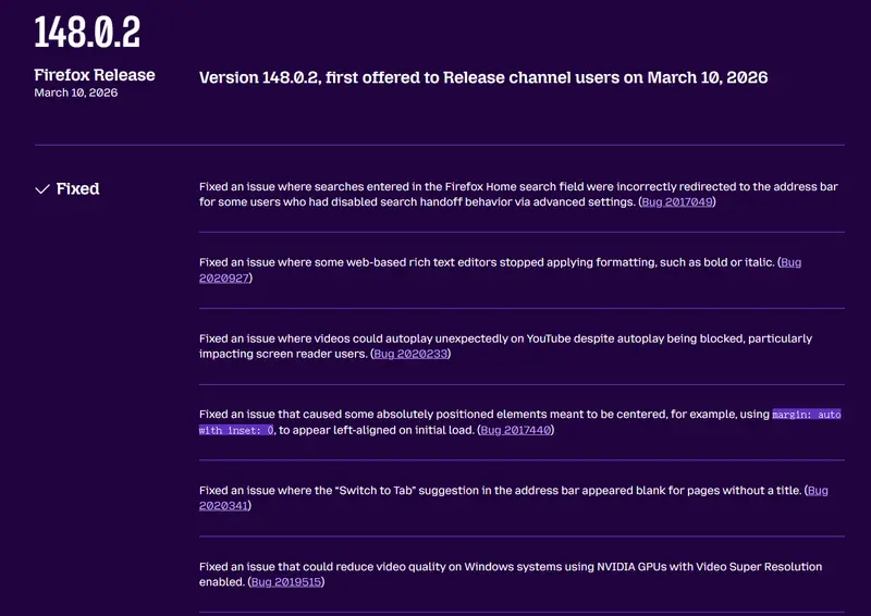 Firefox 148.0.2 修复 YouTube 错误、NVIDIA GPU 视频质量不佳等问题插图