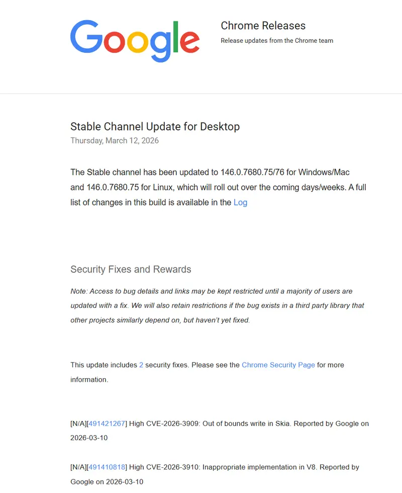 紧急预警：谷歌修复两个正在被利用的 Chrome 零日漏洞，请立即更新！插图1