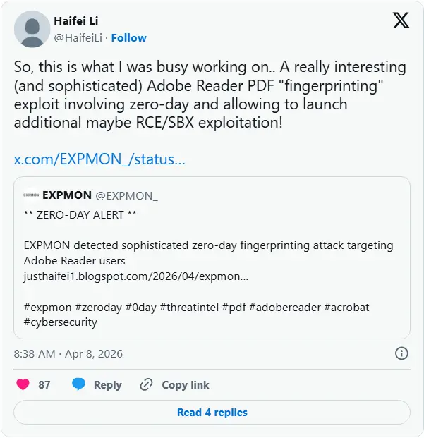 紧急预警!Adobe 修复高危“指纹”漏洞 CVE-2026-34621,恶意 PDF 可窃取任意文件插图 紧急预警!Adobe 修复高危“指纹”漏洞 CVE-2026-34621,恶意 PDF 可窃取任意文件插图