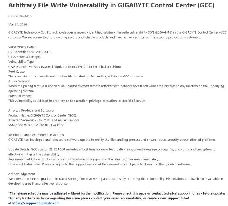 高危预警！技嘉控制中心曝出严重漏洞，黑客可远程“接管”你的电脑插图1