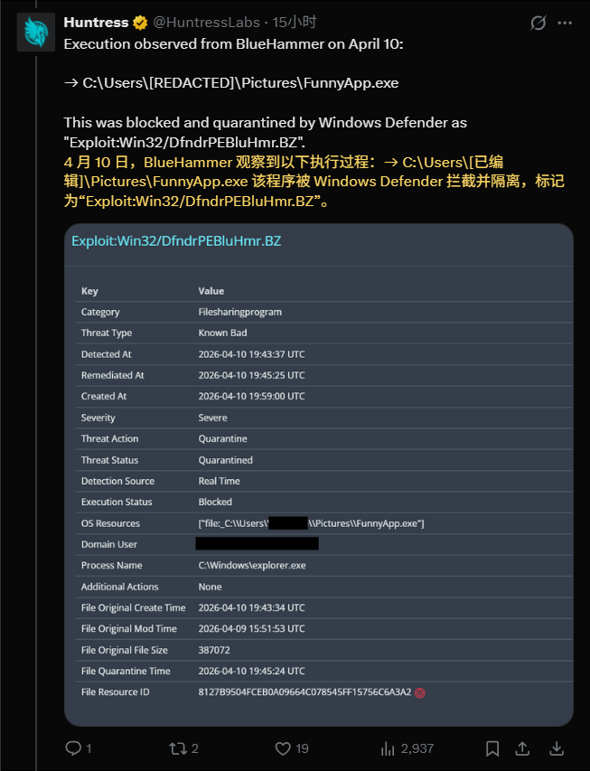 紧急警报！Windows 零日漏洞 BlueHammer、RedSun 遭野外利用，微软补丁未全覆盖插图