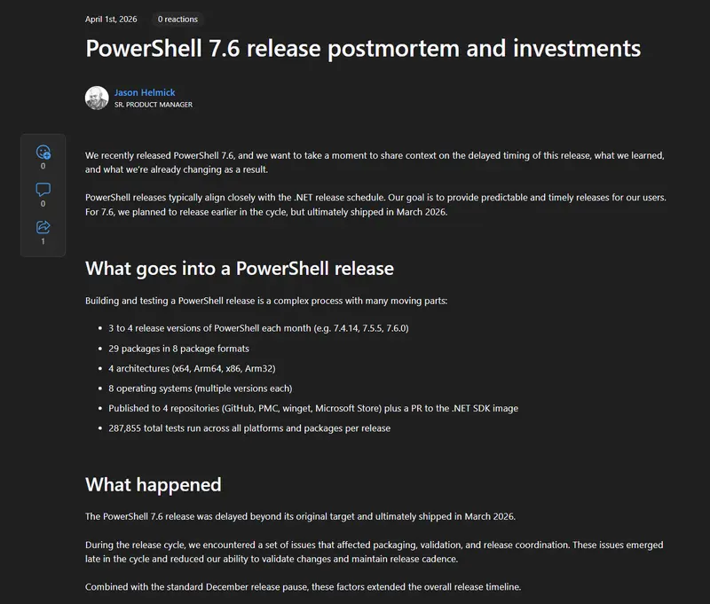 微软正视PowerShell 7.6延迟问题,公布整改措施,后续体验将升级插图1 微软正视PowerShell 7.6延迟问题,公布整改措施,后续体验将升级插图1
