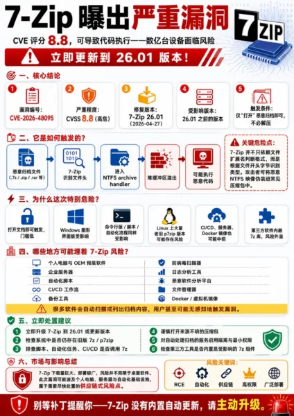 7-Zip 曝出高危漏洞 (CVE-8.8):仅“打开”恶意归档即可执行代码,影响数亿设备,请立即升级至 v26.01缩略图 7-Zip 曝出高危漏洞 (CVE-8.8):仅“打开”恶意归档即可执行代码,影响数亿设备,请立即升级至 v26.01