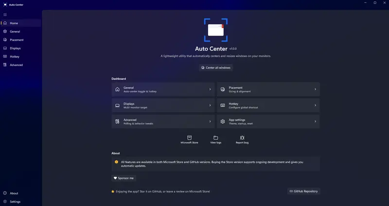 Auto Center:WinUI 3 打造的 Windows 窗口自动居中神器,支持多显示器、智能过滤与全局热键,完美融入 Windows 11 美学插图1 Auto Center:WinUI 3 打造的 Windows 窗口自动居中神器,支持多显示器、智能过滤与全局热键,完美融入 Windows 11 美学插图1